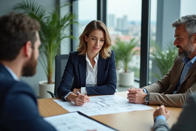 Consultante en gestion de projets immobiliers discutant des plans d'un bien avec un couple de clients dans un bureau moderne