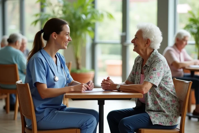 Professionnelle de santé accompagnant une personne âgée dans un centre de vie sociale