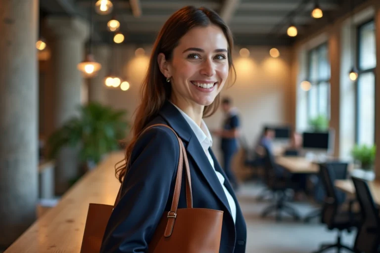 Femme arrivant à l'accueil d'un espace de coworking moderne à Bordeaux pour s'enregistrer
