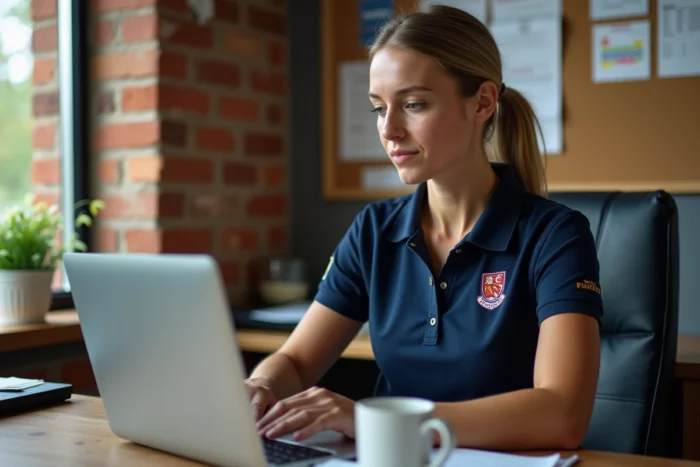 Administratrice de club de rugby consultant le classement fédéral sur ordinateur portable