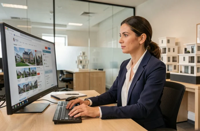 Agent immobilière professionnelle consultant des annonces sur ordinateur dans une agence immobilière moderne