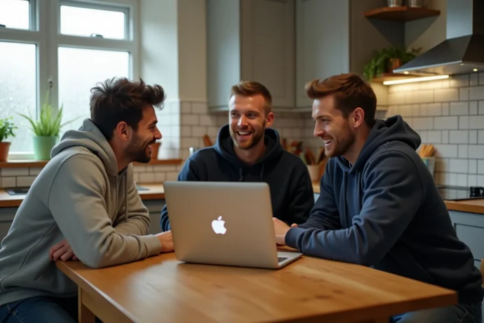 Groupe d'amis regardant un match de rugby en streaming gratuit sur un ordinateur portable