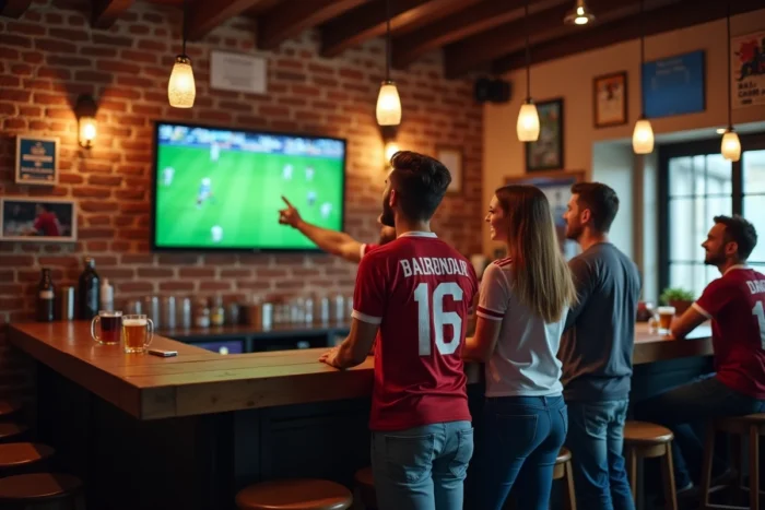 Groupe d'amis regardant un événement sportif en streaming sur grand écran dans un bar sportif
