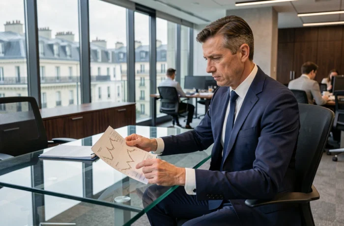 Analyste financier parisien examinant des graphiques de l'indice boursier EuroStoxx dans un bureau moderne vitré