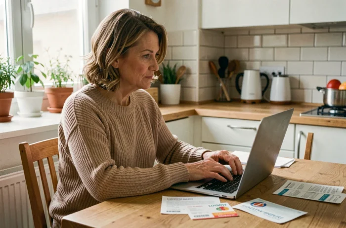 Femme rédigeant un avis client en ligne sur son ordinateur portable dans une cuisine moderne, avec sa carte de fidélité Carrefour posée sur la table