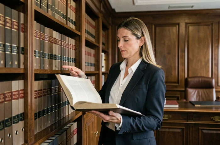 Avocate en droit du travail consultant un code juridique dans une bibliothèque de cabinet d'avocats