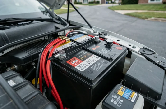 Batterie de voiture neuve installée dans le compartiment moteur avec câbles connectés et dispositif de sauvegarde mémoire sur port OBD-II