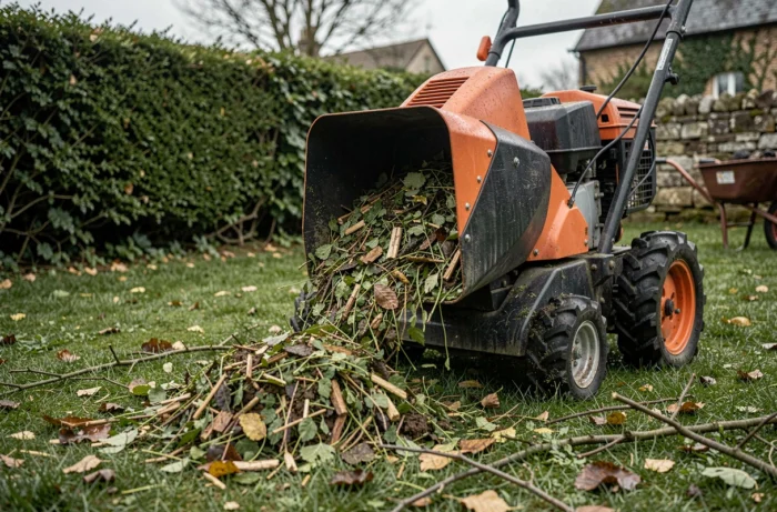 Broyeur thermique à essence produisant du paillage organique à partir de branchages et de feuilles dans un jardin rural