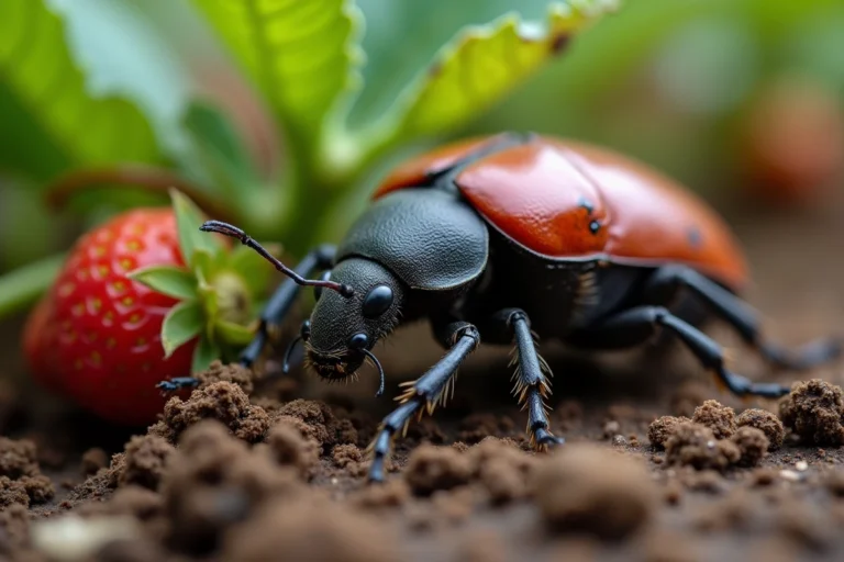 Gros plan du carabe Pseudoophonus rufipes sur sol de jardin humide près d'une fraisière