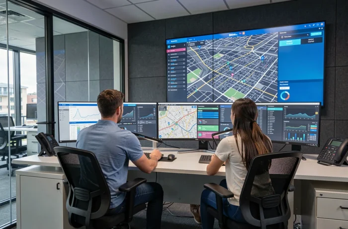 Salle de contrôle de dispatch de taxis avec opérateurs devant des écrans de gestion de flotte numérique