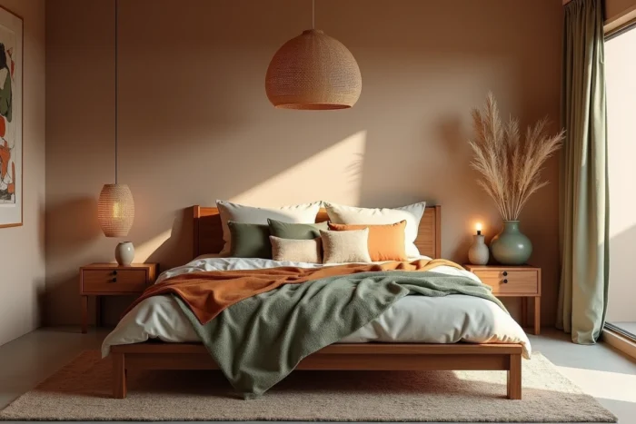 Chambre tendance aux tons terreux avec tête de lit en noyer, literie texturée et finitions en enduit de chaux