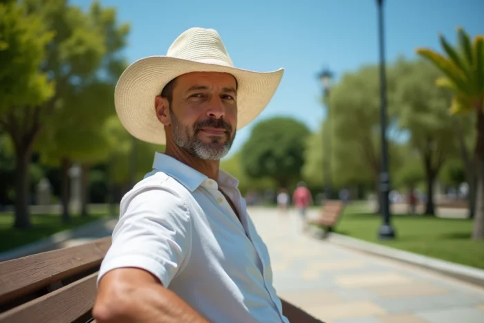 Homme en chapeau blanc en paille assis dans un jardin ensoleillé, illustrant la protection solaire estivale