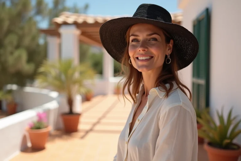 Femme portant un chapeau noir à larges bords pour se protéger du soleil en été sur une terrasse méditerranéenne
