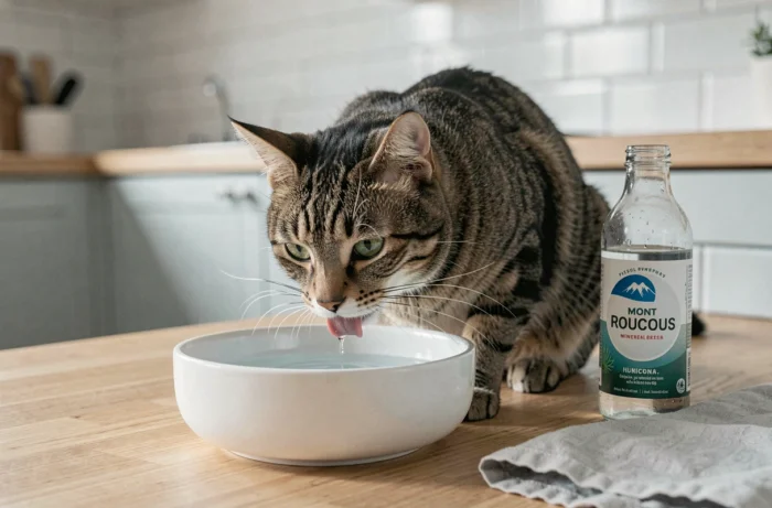 Chat tigré qui boit de l'eau fraîche dans un bol en céramique blanche avec une bouteille d'eau Mont Roucous sur le plan de travail