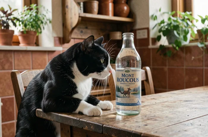 Chat tuxedo noir et blanc qui renifle une bouteille de Mont Roucous sur une table en bois dans une cuisine de style campagne française