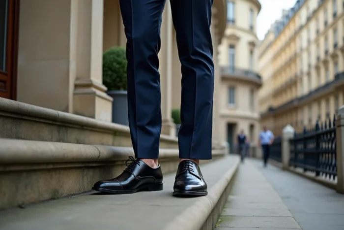 Homme en costume bleu marine portant des Derby noires de luxe sur les marches d'un bâtiment européen classique