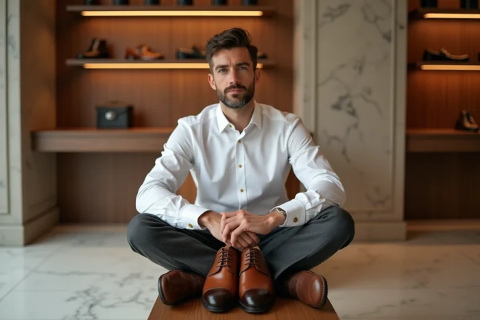 Homme élégant en boutique de luxe portant des chaussures Oxford en cuir cognac de marque prestigieuse