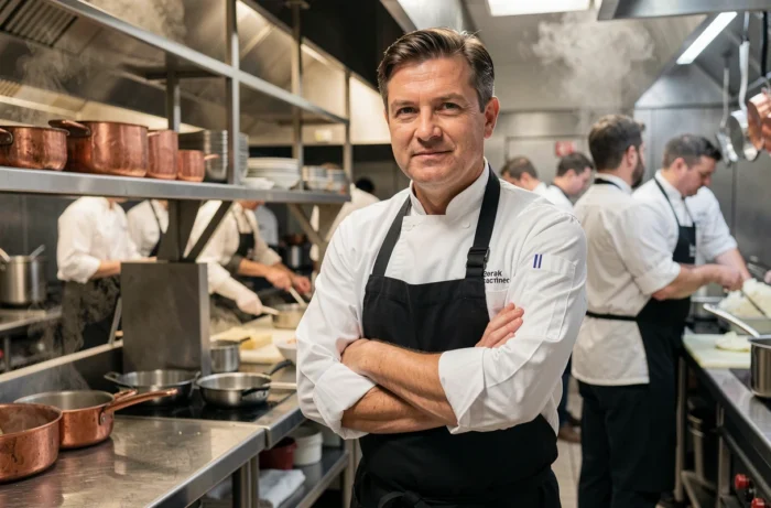 Chef cuisinier en veste blanche dans une cuisine professionnelle de restaurant français