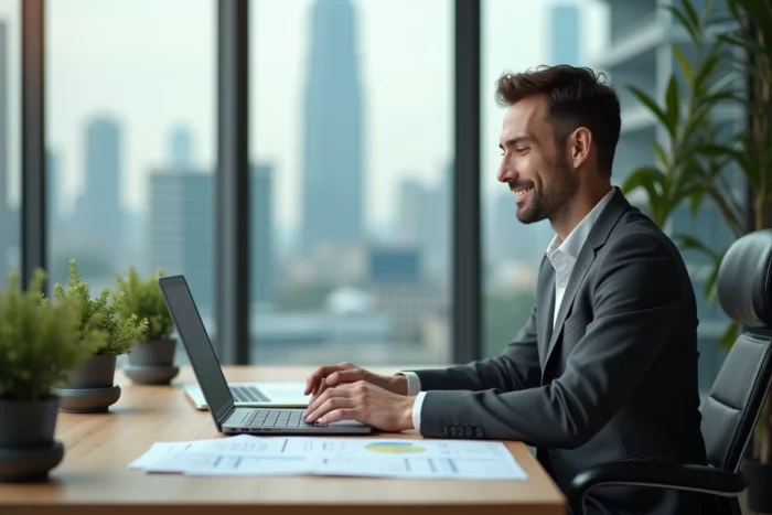 Chef d'entreprise analysant des rapports financiers dans un bureau avec vue sur la ville