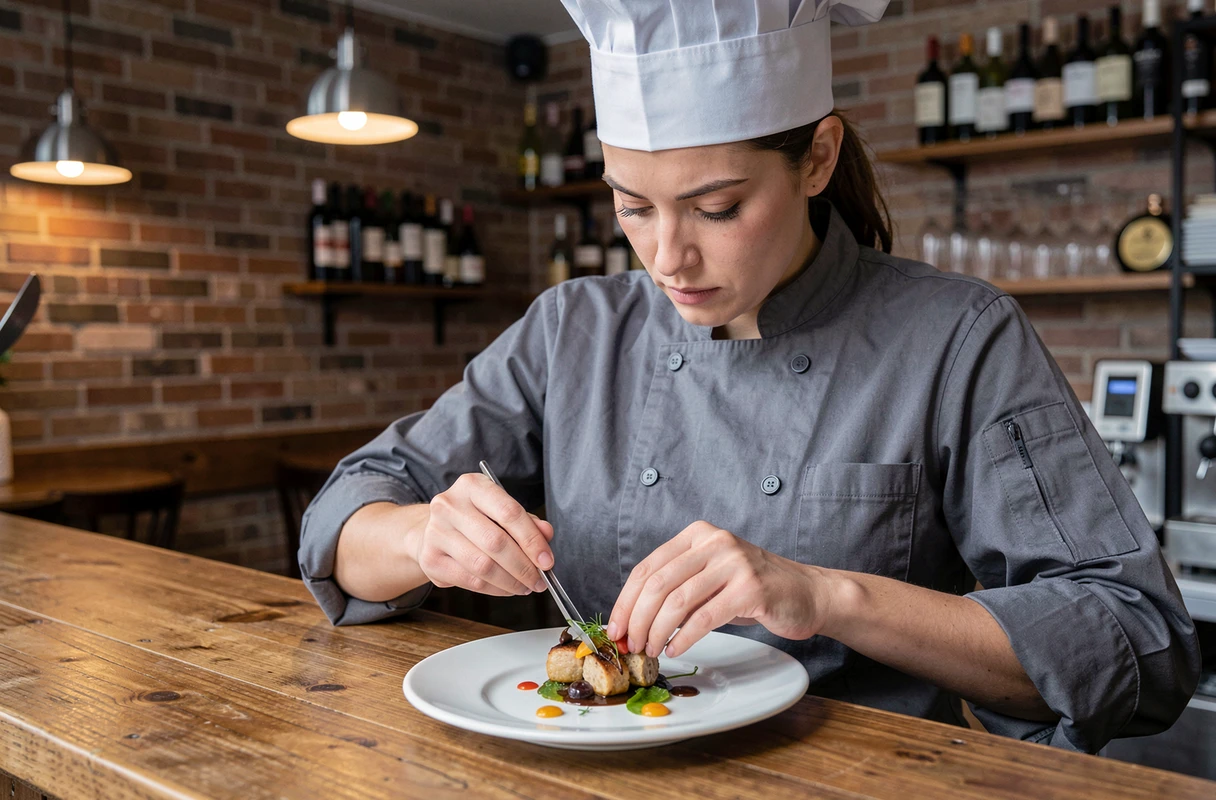 Cheffe cuisinière en train de dresser une assiette gastronomique dans un bistro parisien