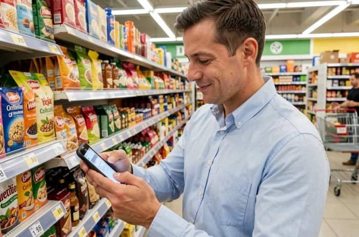 Homme scannant un produit en rayon de supermarché Carrefour avec son smartphone pour donner son avis via une application de fidélité