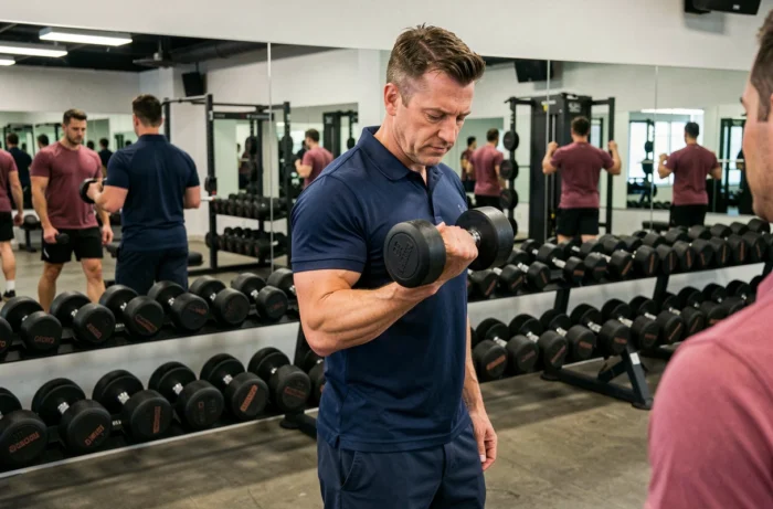 Coach sportif démontrant la technique correcte du curl biceps avec haltère face à un miroir dans une salle de sport professionnelle, vue portrait mettant en avant la position du coude et la prise en main