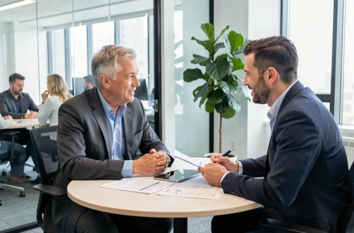 Dirigeant en reconversion lors d'un entretien de coaching professionnel pour clarifier son nouveau positionnement de carrière