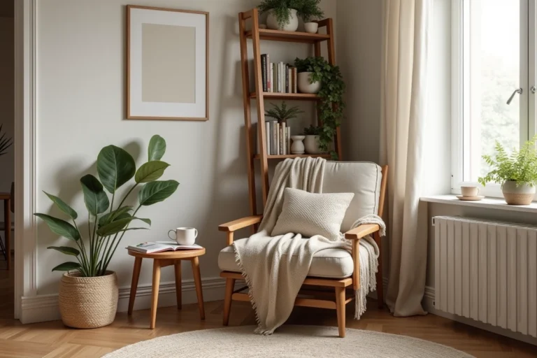 Coin lecture cosy avec fauteuil en lin, plaid en laine et plantes vertes dans un salon de style scandinave