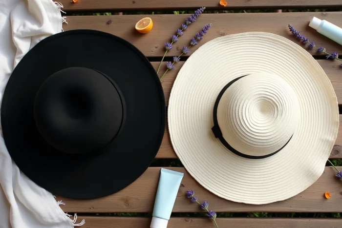 Comparaison d'un chapeau noir et d'un chapeau blanc côte à côte pour illustrer le choix de couleur de chapeau anti-soleil