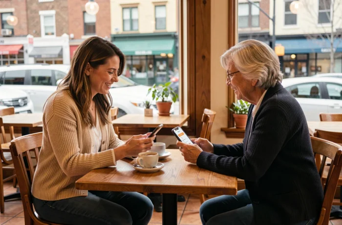 Deux femmes comparant des programmes de fidélité et d'avis clients sur leurs smartphones dans un café, illustrant les différences entre Ma Communauté Carrefour et Mon Avis
