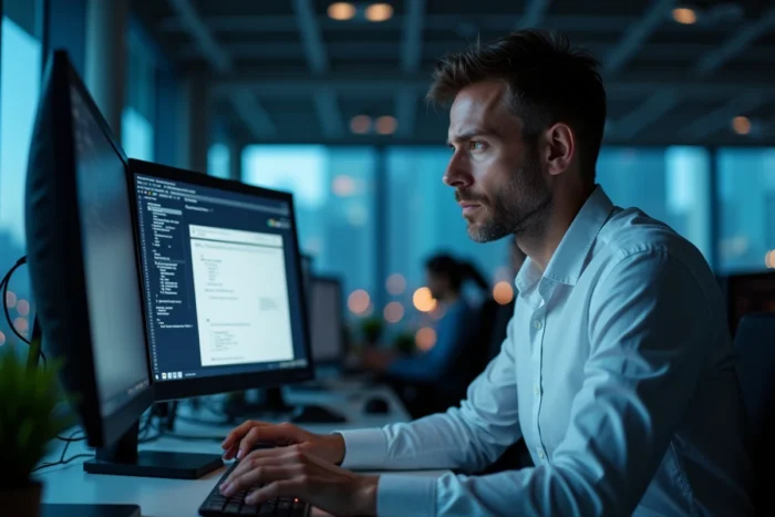 Homme utilisant le navigateur Tor et des outils de confidentialité réseau sur double écran dans un bureau professionnel la nuit