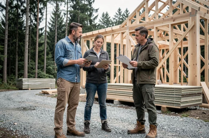 Conseiller en habitat écologique discutant avec un couple sur un chantier de maison à ossature bois passive entourée de forêt