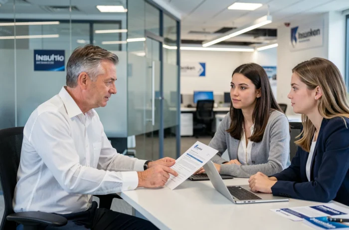 Conseiller Macif expliquant le montant de la franchise auto à un couple de clients