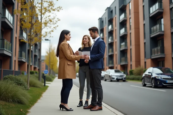Conseillère immobilière présentant un immeuble résidentiel neuf à un jeune couple d'acheteurs dans un quartier urbain