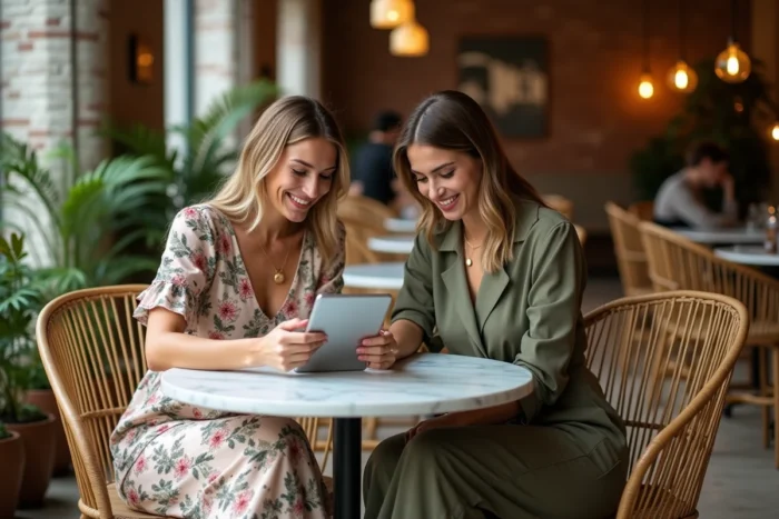 Deux femmes élégantes discutant des dernières tendances mode autour d'une tablette dans un café branché