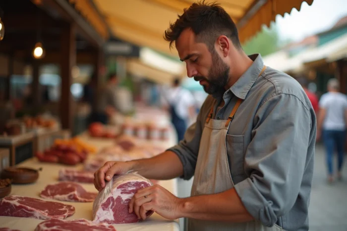Vendeur de marché emballant de la viande fraîche avec soin pour éviter la contamination par les mouches et les œufs