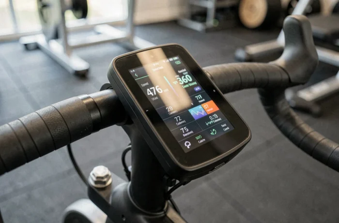 Gros plan sur le tableau de bord numérique et le guidon d'un speedbike d'intérieur performant