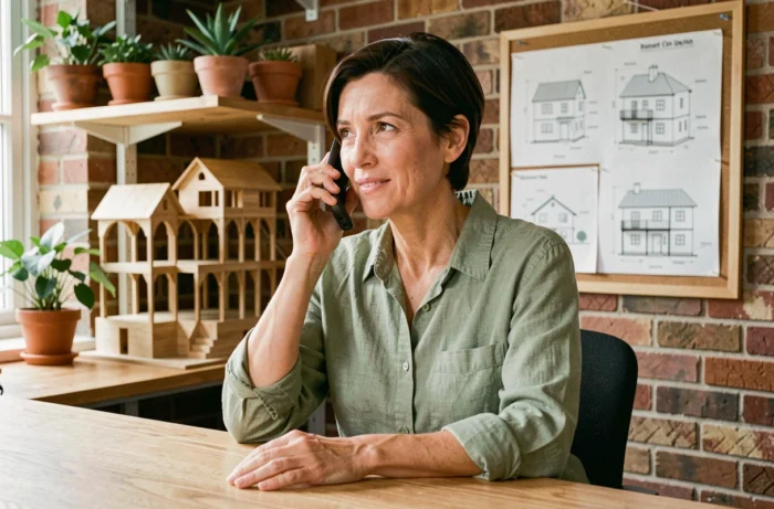 Femme contacting une équipe spécialisée en habitat écologique par téléphone depuis un bureau en bois entouré de plantes et de plans architecturaux