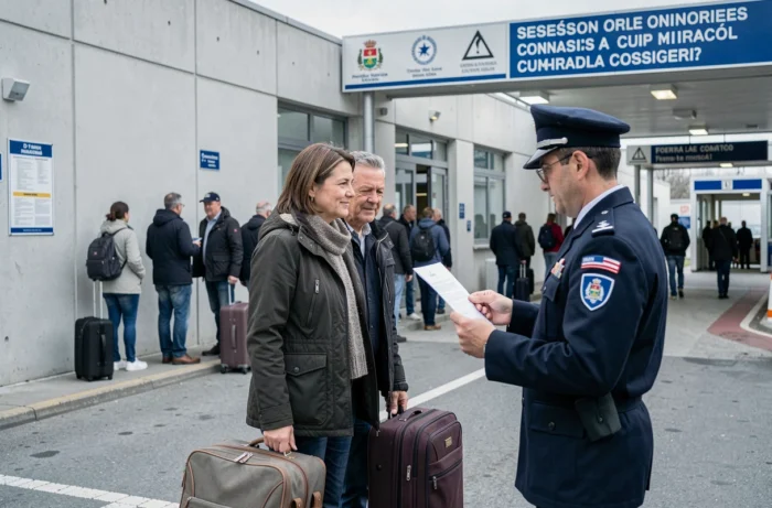 Couple de touristes français passant le contrôle douanier à la frontière espagnole avec leurs bagages