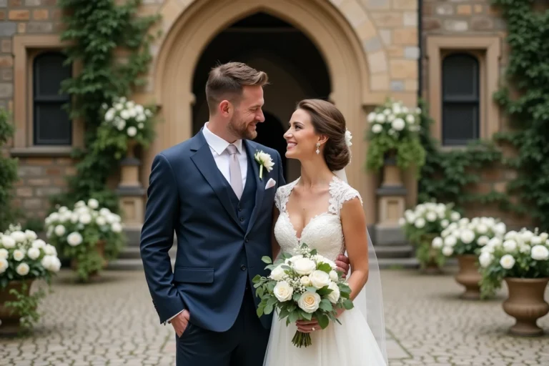 Couple élégant en tenue de mariage devant une église en pierre historique entourée de roses blanches
