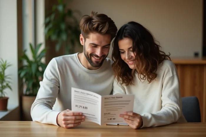Couple consultant la brochure tarifaire d'un programme minceur Naturhouse 3 semaines dans un centre de bien-être