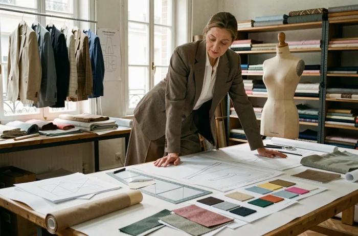 Créatrice de mode travaillant sur des patrons adaptés à la taille standard des femmes françaises dans un atelier parisien