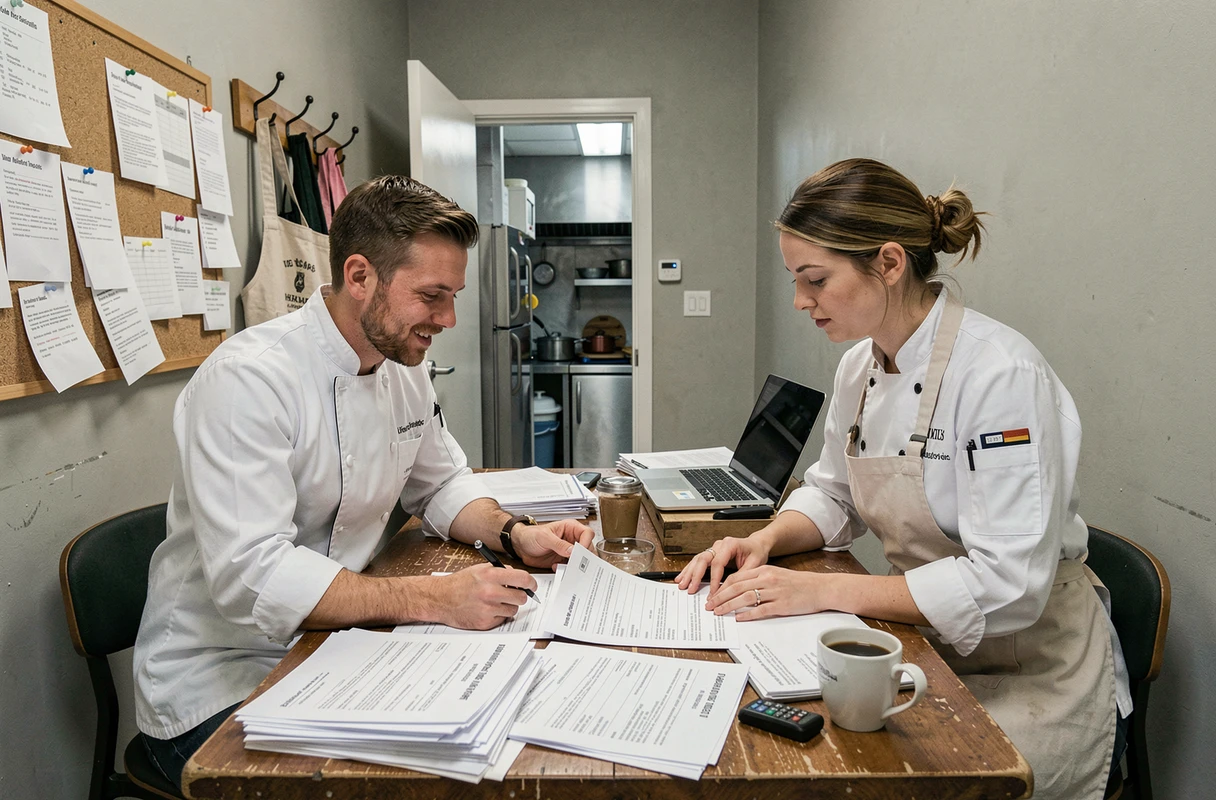 Deux cuisiniers discutant des salaires et conditions de travail dans un bureau de restaurant