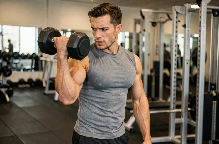Homme musclé effectuant un curl biceps avec haltère dans une salle de sport moderne, vue en contre-plongée légère mettant en valeur la musculature du bras