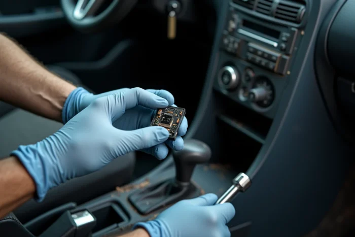 Mains gantées déconnectant le module anti-démarrage près de la colonne de direction d'une Clio 2
