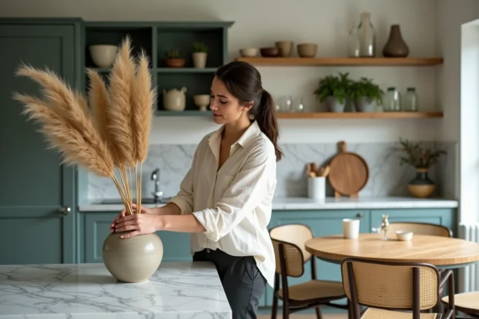 Femme arrangeant des fleurs séchées dans une cuisine ouverte tendance aux tons verts sauge et marbre blanc