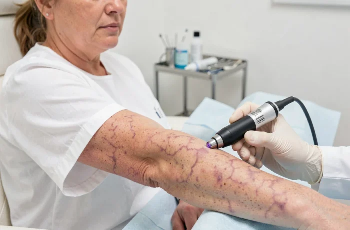 Dermatologue examinant une peau marbrée sur l'avant-bras d'une femme avec un dermatoscope en cabinet médical