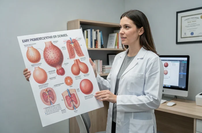 Dermatologue expliquant les différences entre peau déshydratée et taches cutanées précoces avec un poster médical