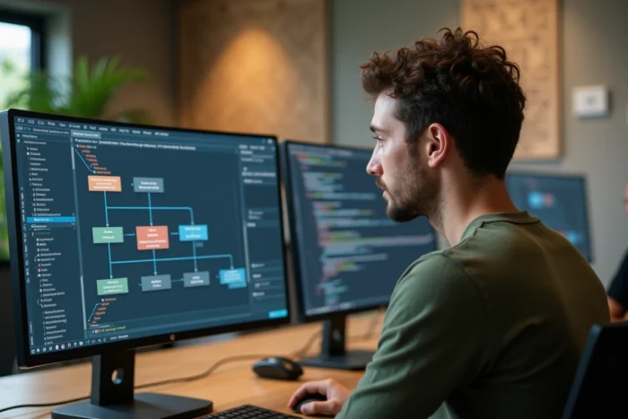 Développeur web structurant l'arborescence d'un site sur deux écrans dans un espace de coworking moderne