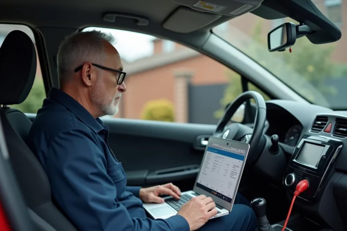 Mécanicien utilisant un ordinateur de diagnostic OBD pour reprogrammer l'anti-démarrage d'une Renault Clio 2 dans une allée résidentielle